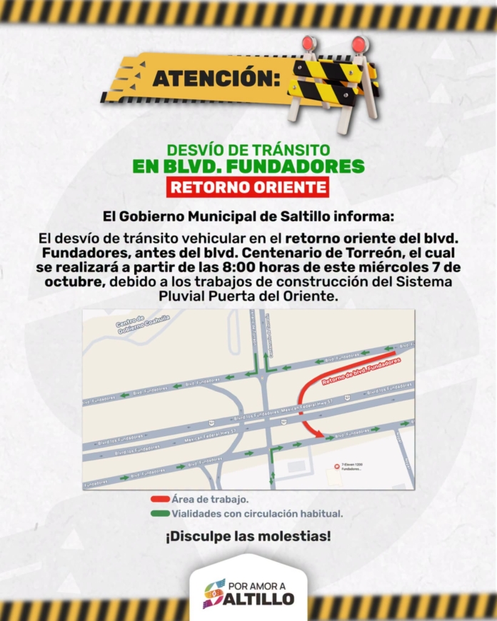 Habrá cierre temporal de retorno en Fundadores y Centenario de Torreón