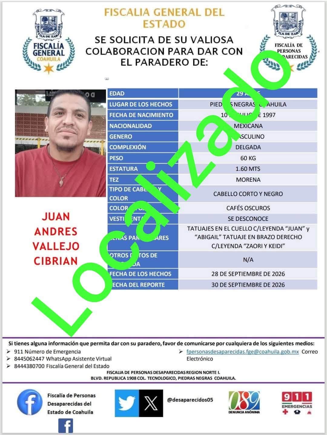 Localizan con vida a joven desaparecido en Piedras Negras
